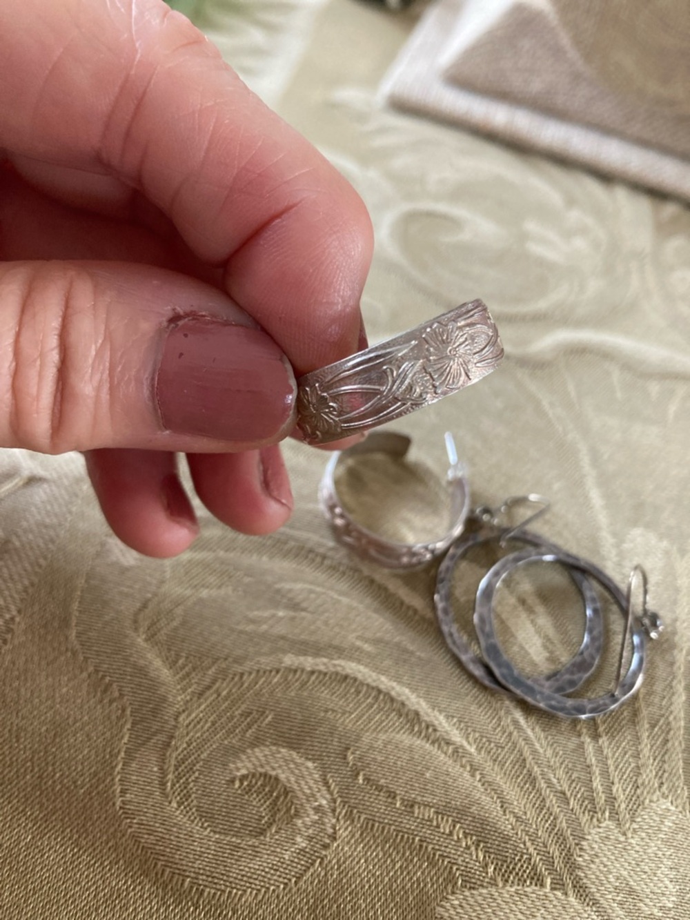 Sterling Silver Hammered Circle & Floral Engraved Silver Plated Hoop Earrings